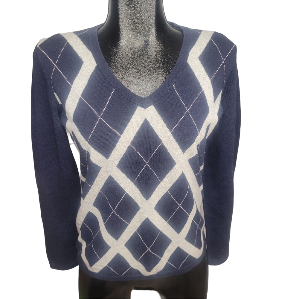 Tommy Hilfiger Navy and White Argyle Women's V Neck Sweater Size S